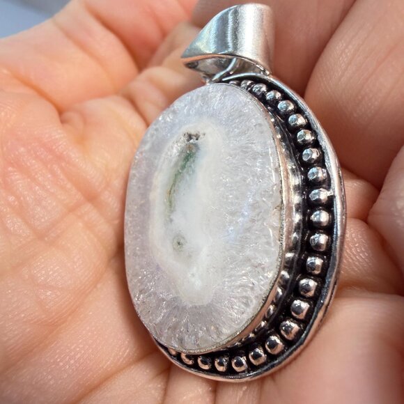 Solar Quartz Druzy Pendant – Sterling Stamped Bale – Oval Stone Jewelry - Picture 3 of 8